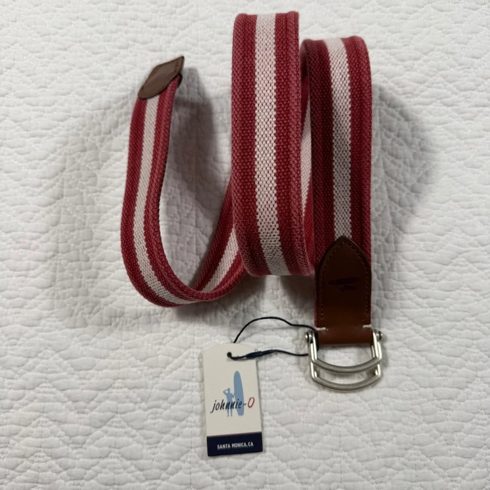 Johnnie-O Mens‎ Striped D-Ring Belt Malibu Red White Canvas Leather Size S NEW